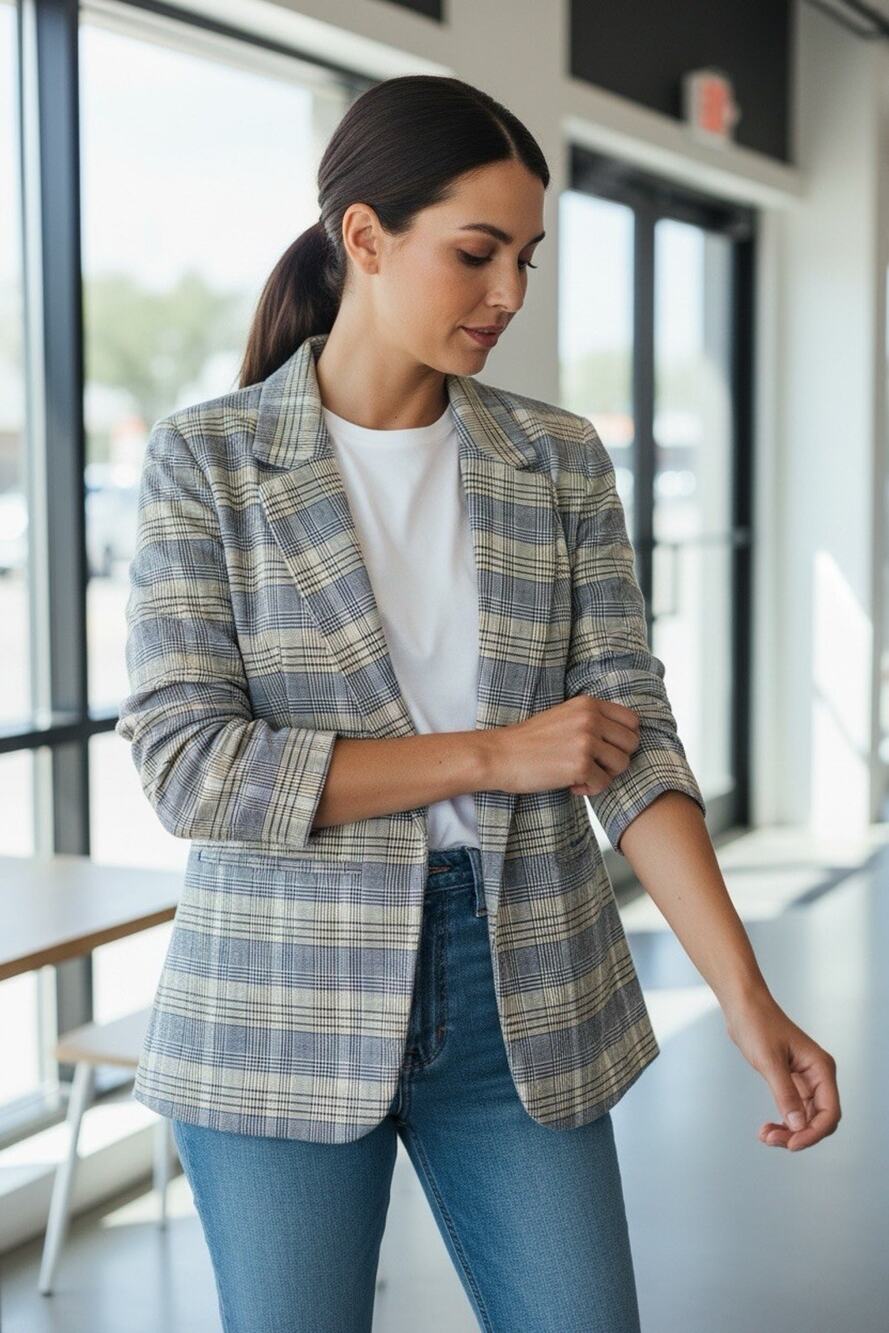 Liverpool Los Angeles Women's Plaid Open Front Lined Blazer Jacket Gray Yellow M